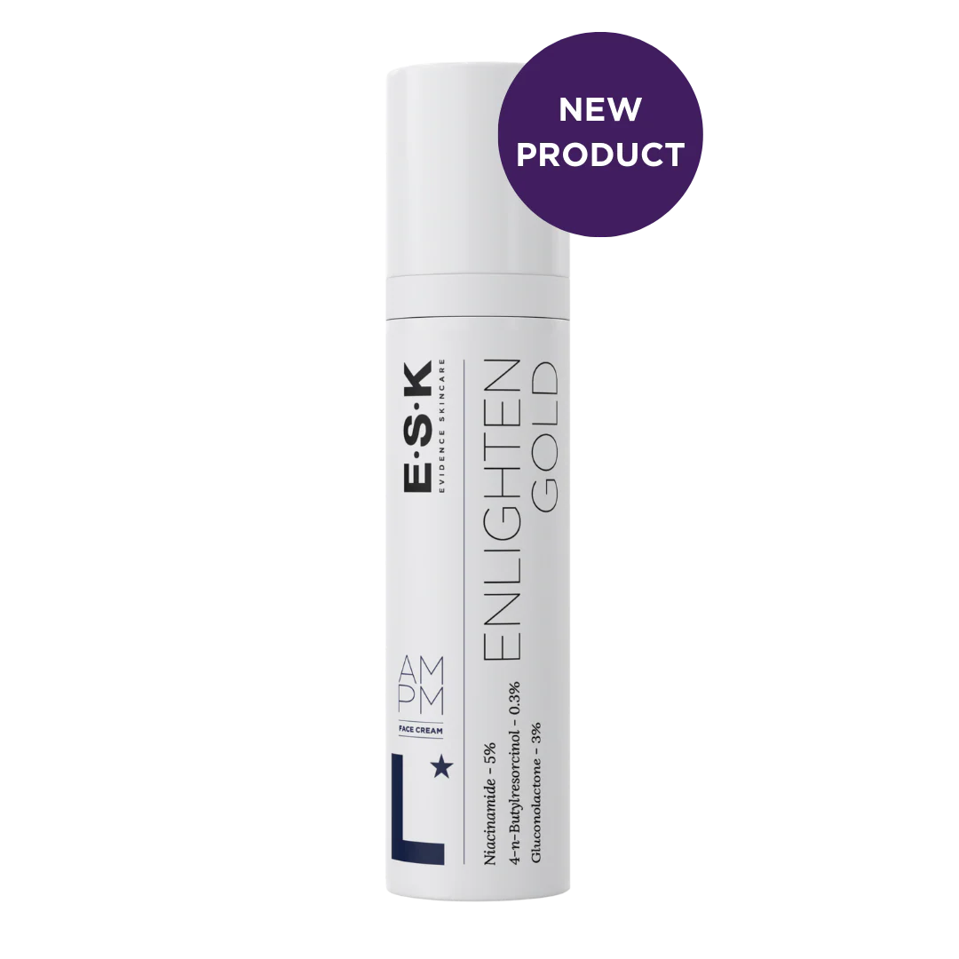 E.S.K skincare product ENLIGHTEN GOLD with 'New Product' label on a white background