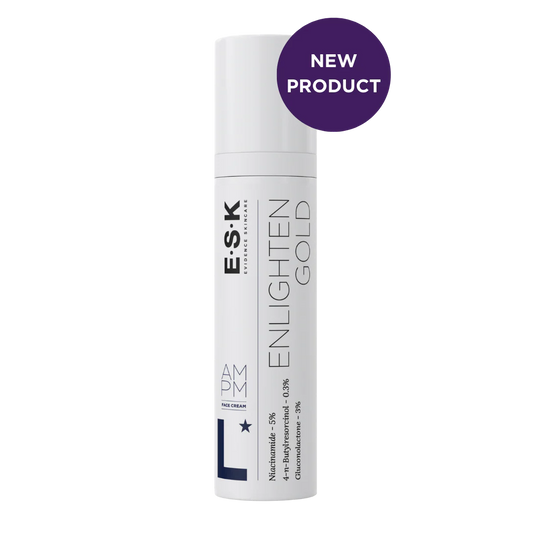 E.S.K skincare product ENLIGHTEN GOLD with 'New Product' label on a white background